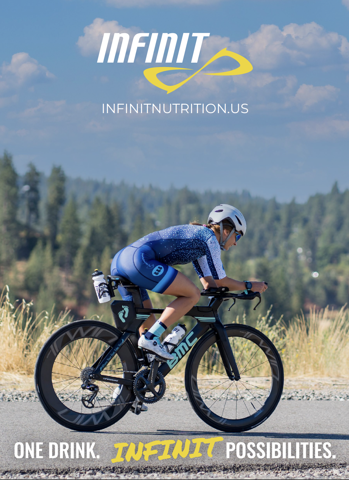 product catalog cover with triathlete riding bike in mountains